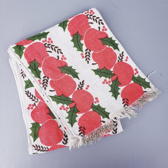 Vintage 1950s Mid Century Linen Table Runner Apples & Holly - Picture 1 of 5